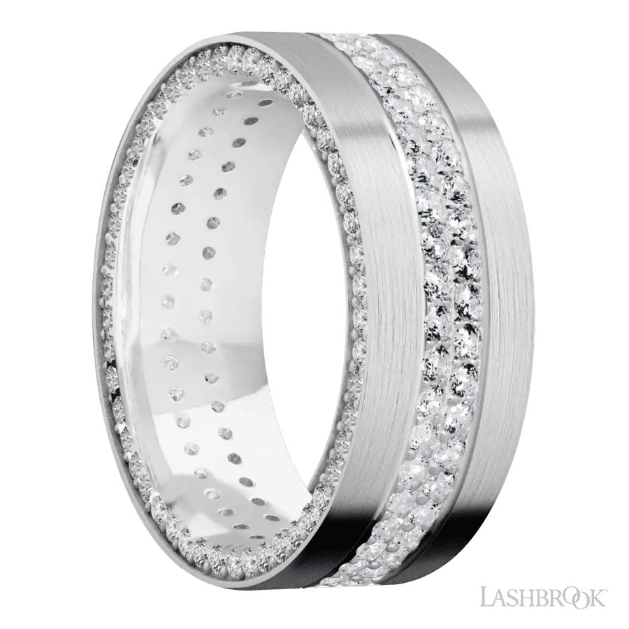 8 mm wide/Flat/14K White Gold band with a Side Eternity arrangement of .01 carat Round Diamond stones in a Bead Channel setting and featuring a a 2 Row Eternity arrangement of .015 carat Round Diamond stones in a Bead Channel setting Lashbrook