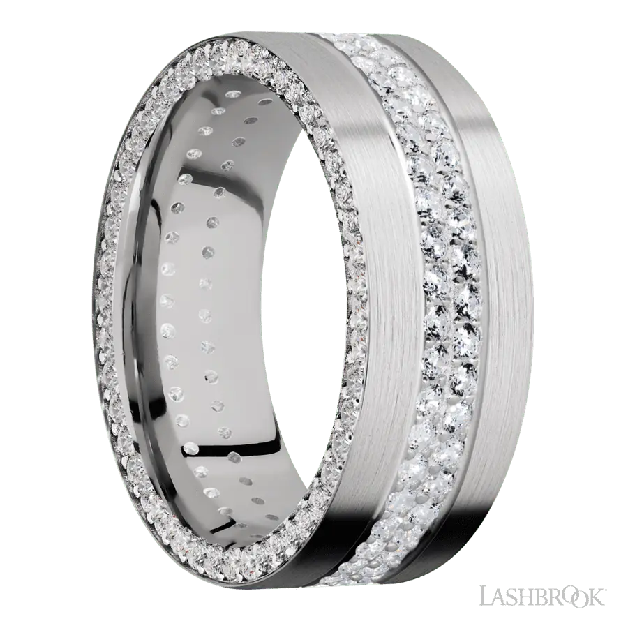 8 mm wide/Flat/14K White Gold band with a Side Eternity arrangement of .01 carat Round Diamond stones in a Bead Channel setting and featuring a a 2 Row Eternity arrangement of .015 carat Round Diamond stones in a Bead Channel setting