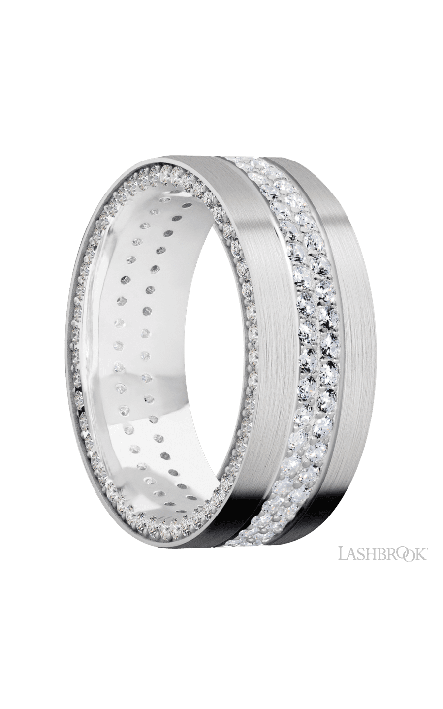8 mm wide/Flat/14K White Gold band with a Side Eternity arrangement of .01 carat Round Diamond stones in a Bead Channel setting and featuring a a 2 Row Eternity arrangement of .015 carat Round Diamond stones in a Bead Channel setting