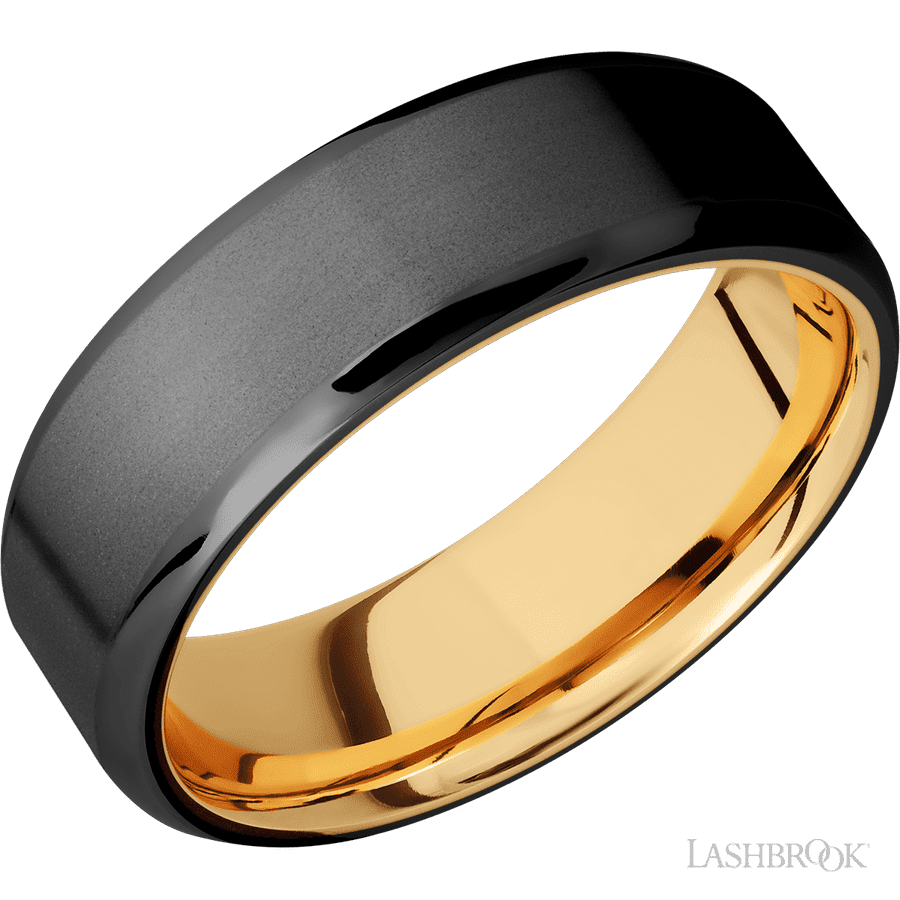 7 mm wide Beveled Zirconium band featuring a 14K Yellow Gold sleeve.