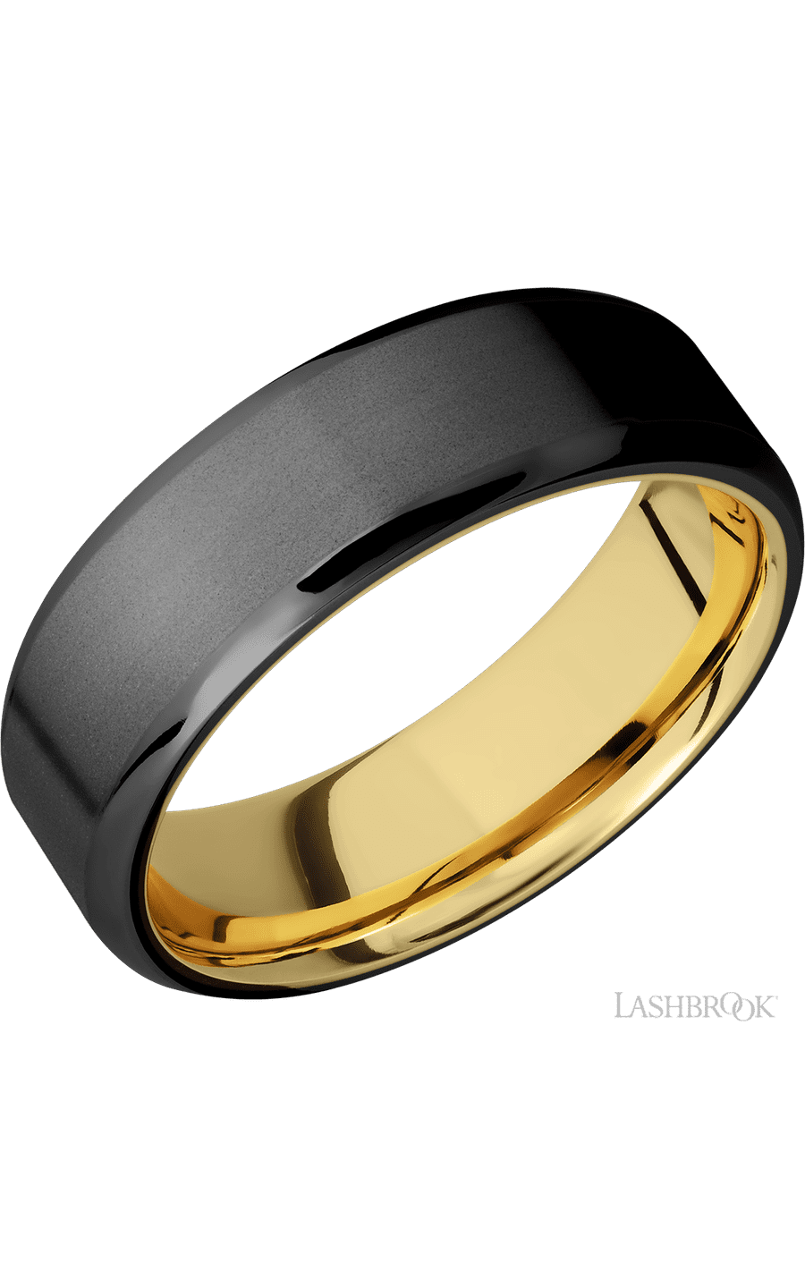 7 mm wide Beveled Zirconium band featuring a 14K Yellow Gold sleeve.