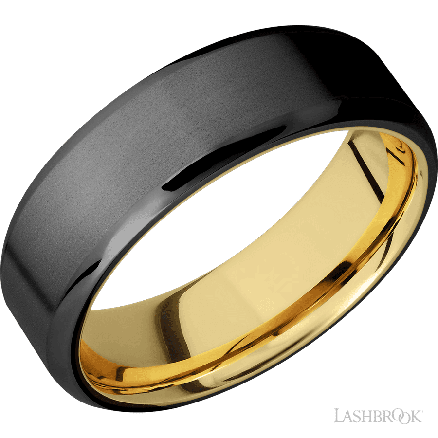 7 mm wide Beveled Zirconium band featuring a 14K Yellow Gold sleeve.