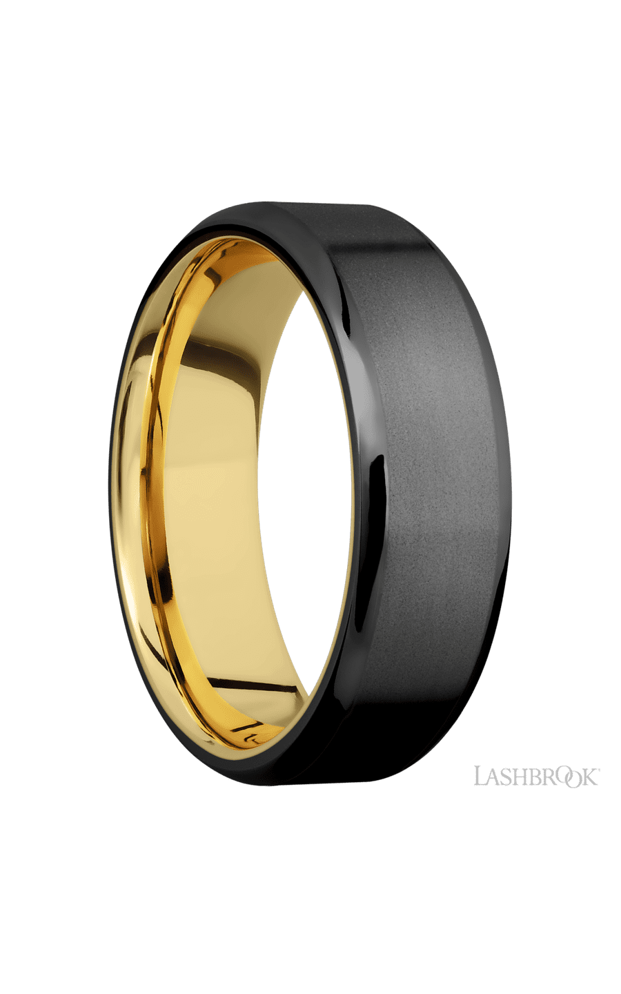 7 mm wide Beveled Zirconium band featuring a 14K Yellow Gold sleeve.
