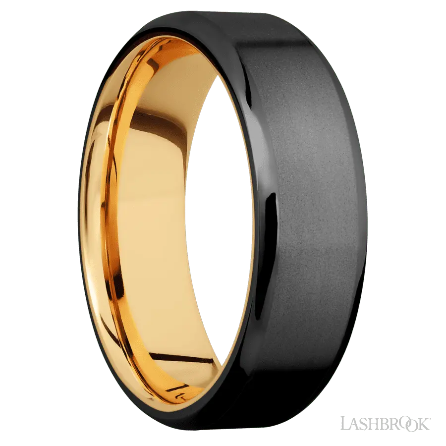 7 mm wide Beveled Zirconium band featuring a 14K Yellow Gold sleeve.