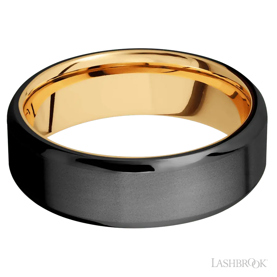7 mm wide Beveled Zirconium band featuring a 14K Yellow Gold sleeve.