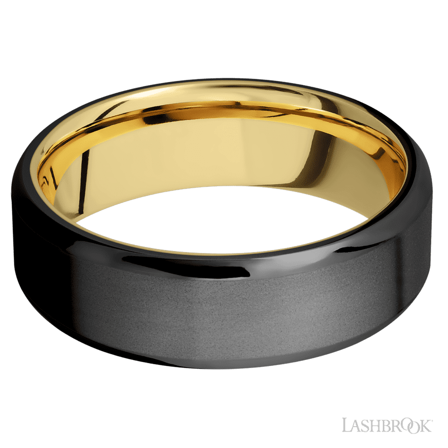 7 mm wide Beveled Zirconium band featuring a 14K Yellow Gold sleeve.