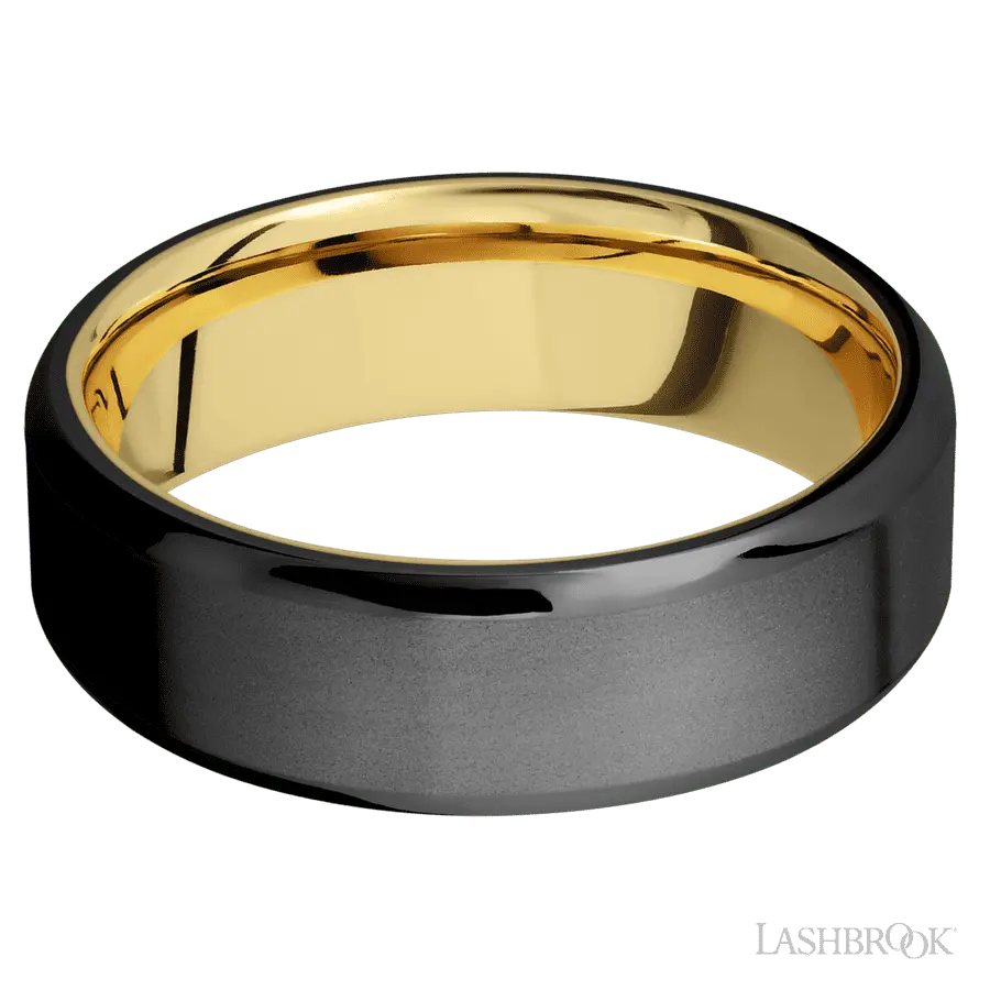 7 mm wide Beveled Zirconium band featuring a 14K Yellow Gold sleeve. Lashbrook