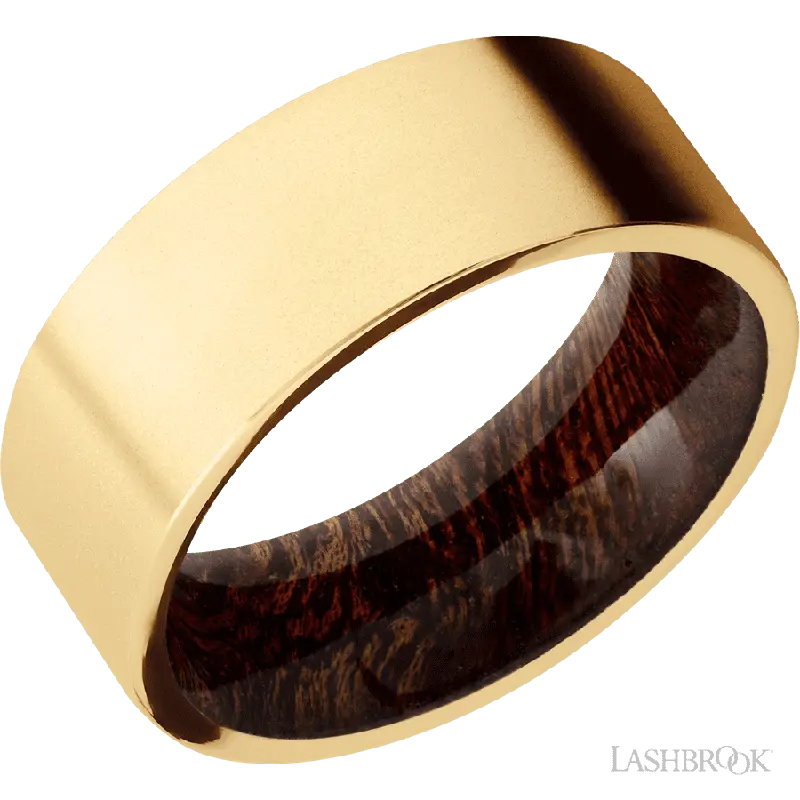 8 mm wide Flat 14K Yellow Gold band featuring a Sapele sleeve.