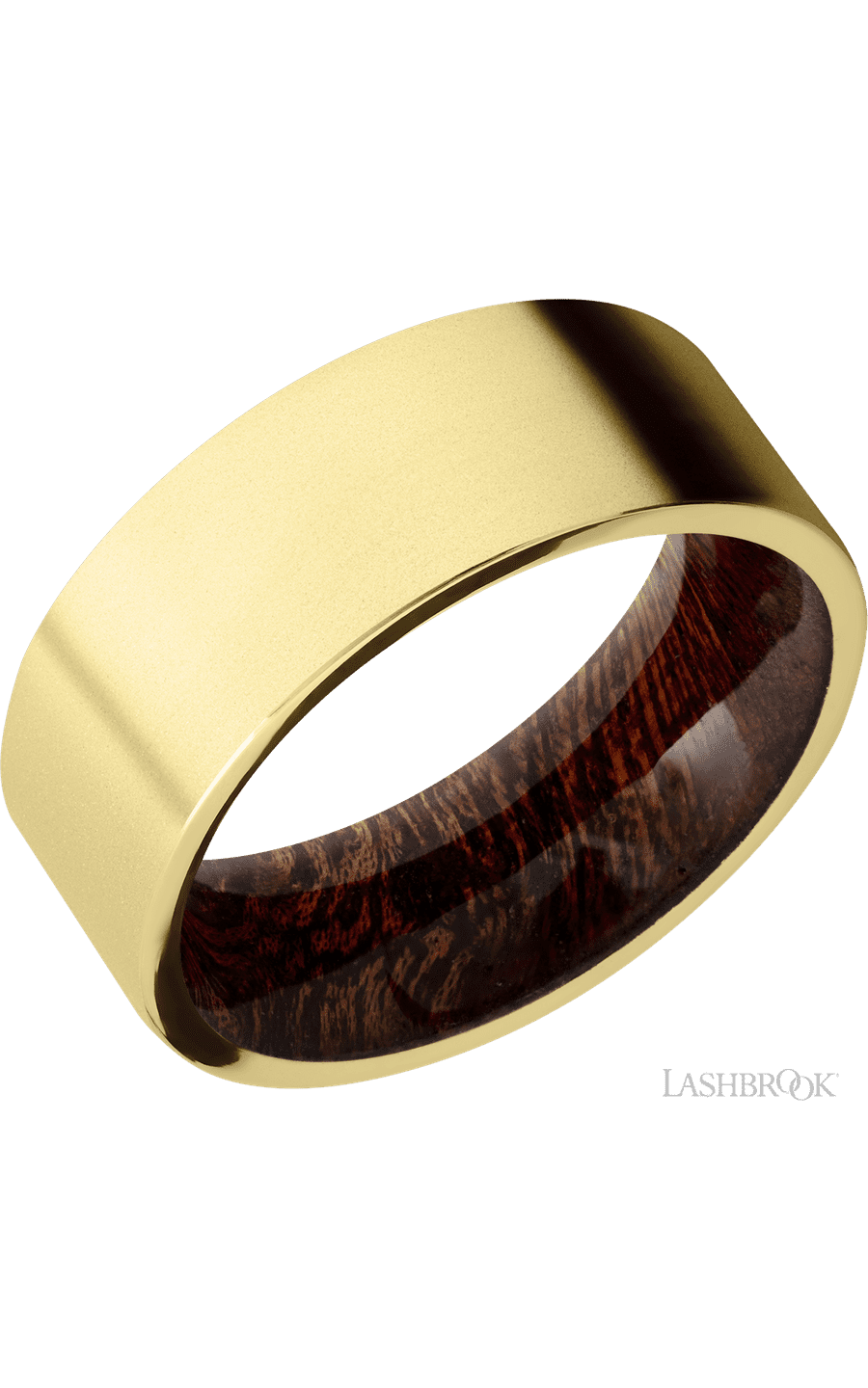 8 mm wide Flat 14K Yellow Gold band featuring a Sapele sleeve.