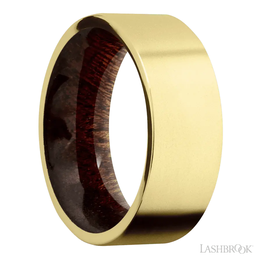 8 mm wide Flat 14K Yellow Gold band featuring a Sapele sleeve. Lashbrook