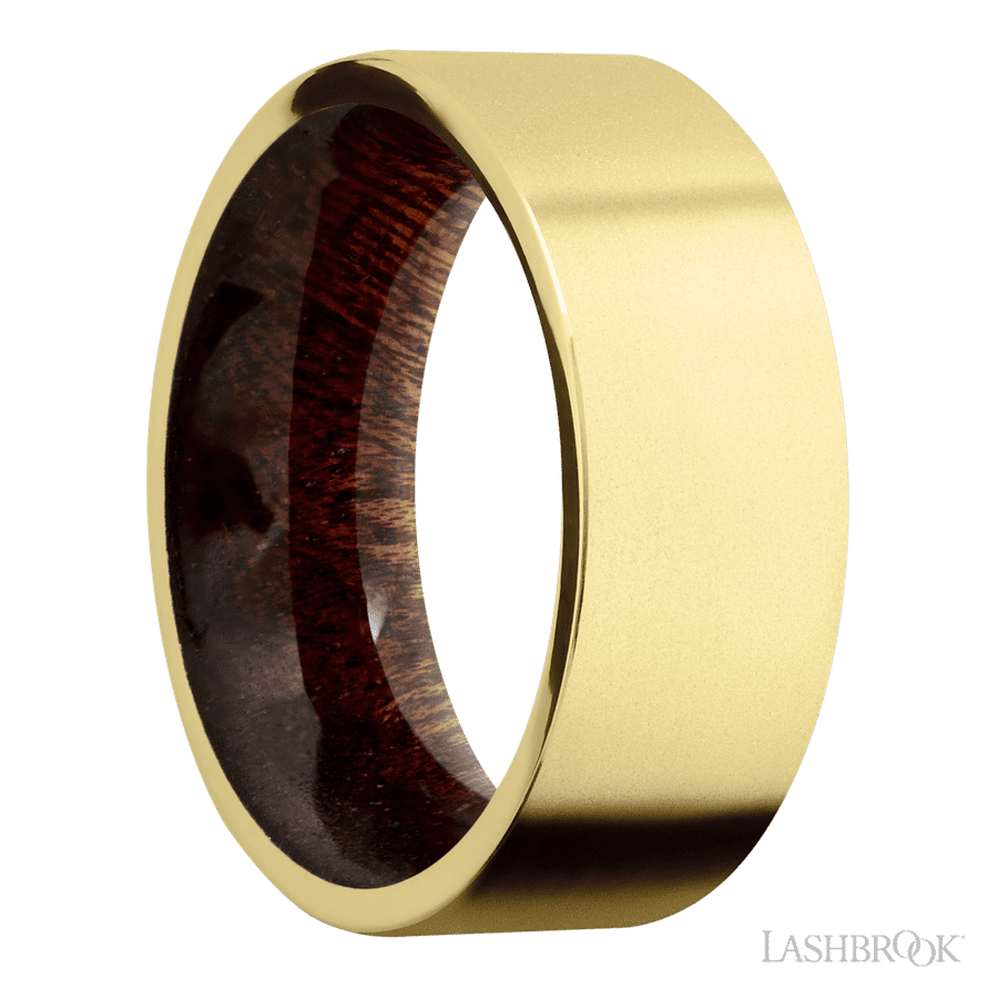 8 mm wide Flat 14K Yellow Gold band featuring a Sapele sleeve.