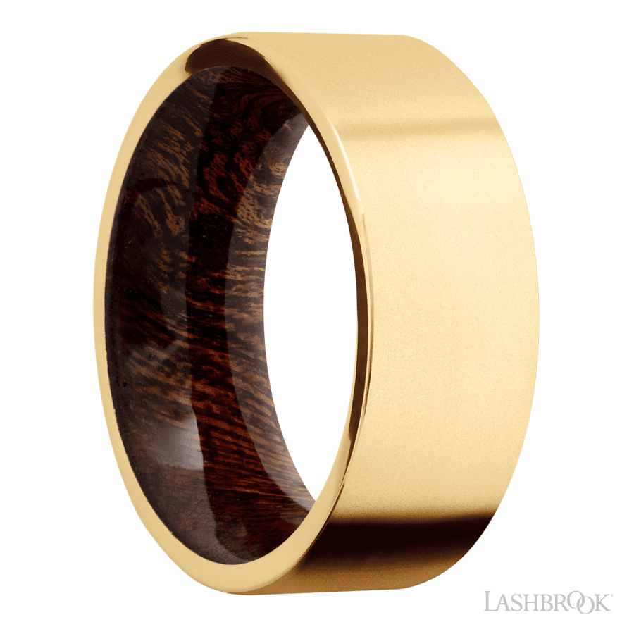 8 mm wide Flat 14K Yellow Gold band featuring a Sapele sleeve.