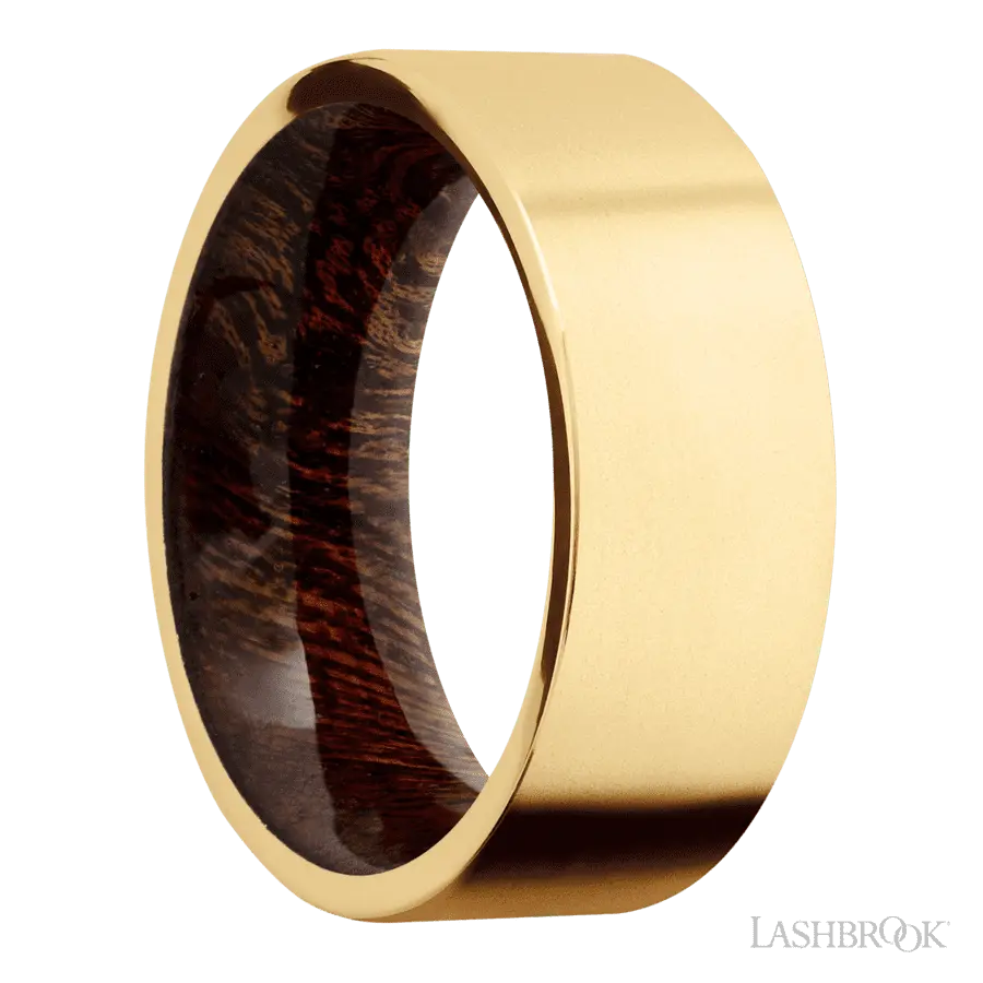 8 mm wide Flat 14K Yellow Gold band featuring a Sapele sleeve.