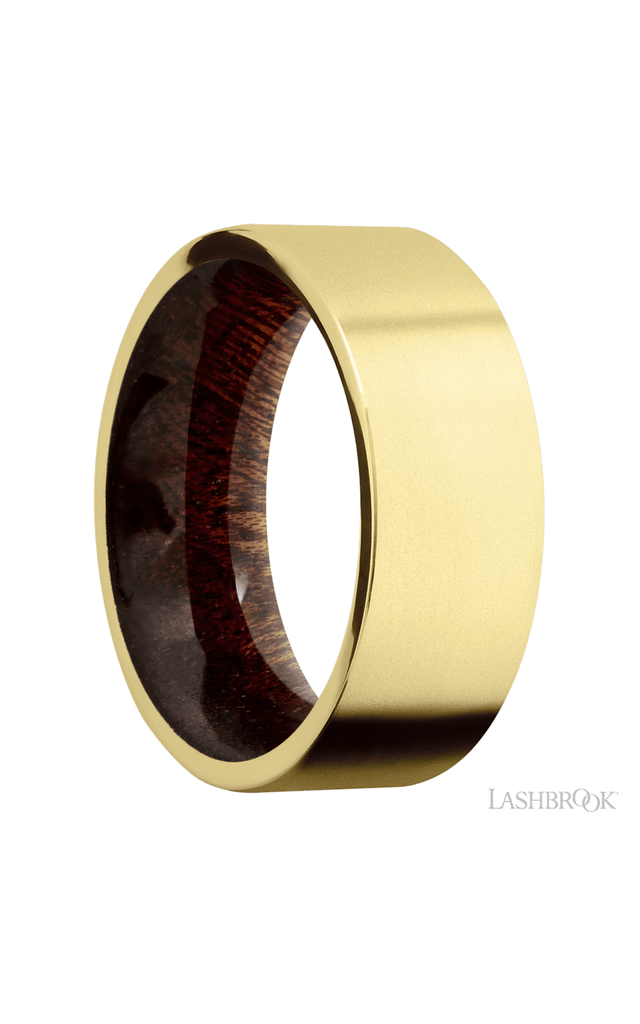 8 mm wide Flat 14K Yellow Gold band featuring a Sapele sleeve.