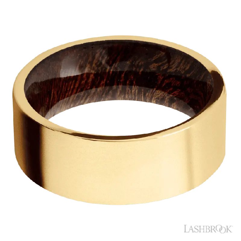 8 mm wide Flat 14K Yellow Gold band featuring a Sapele sleeve.