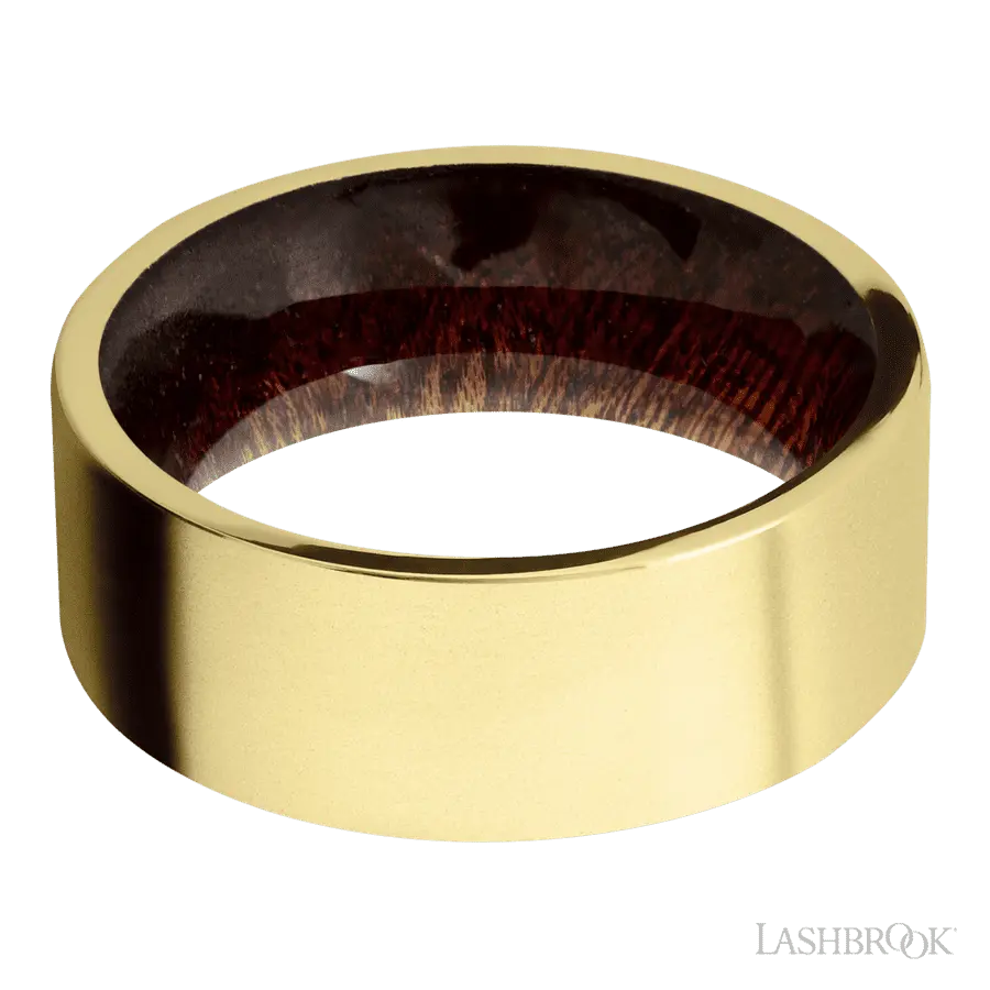 8 mm wide Flat 14K Yellow Gold band featuring a Sapele sleeve. Lashbrook