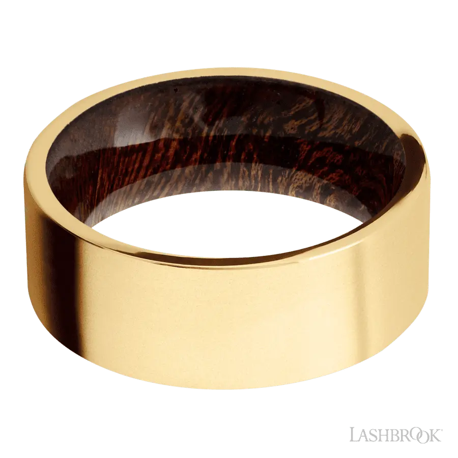 8 mm wide Flat 14K Yellow Gold band featuring a Sapele sleeve.