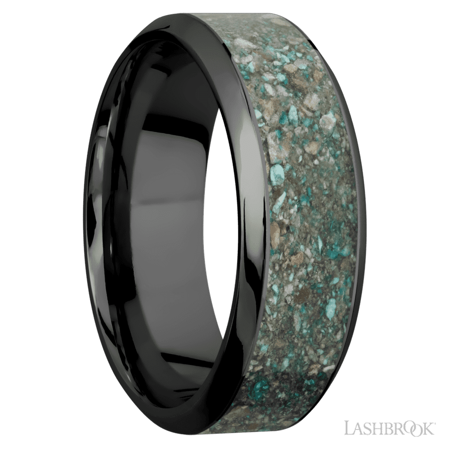 8 mm wide/High Bevel/Zirconium band with one 5 mm Centered inlay of Ocean Jasper.