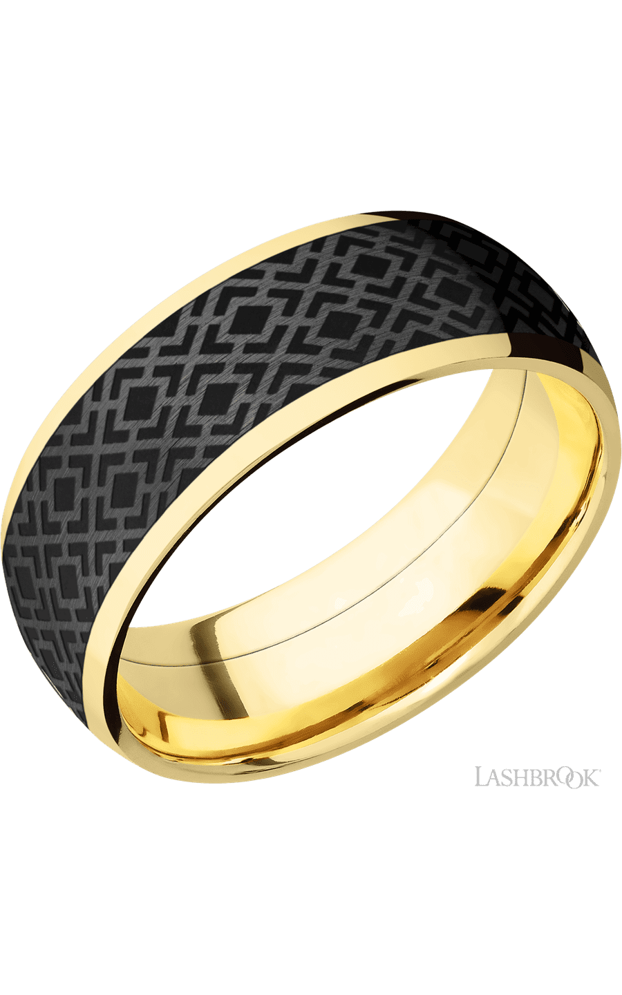 8 mm wide/Domed/14K Yellow Gold band with one 6 mm Centered inlay of Zirconium with a laser carved Trellis 2 pattern.