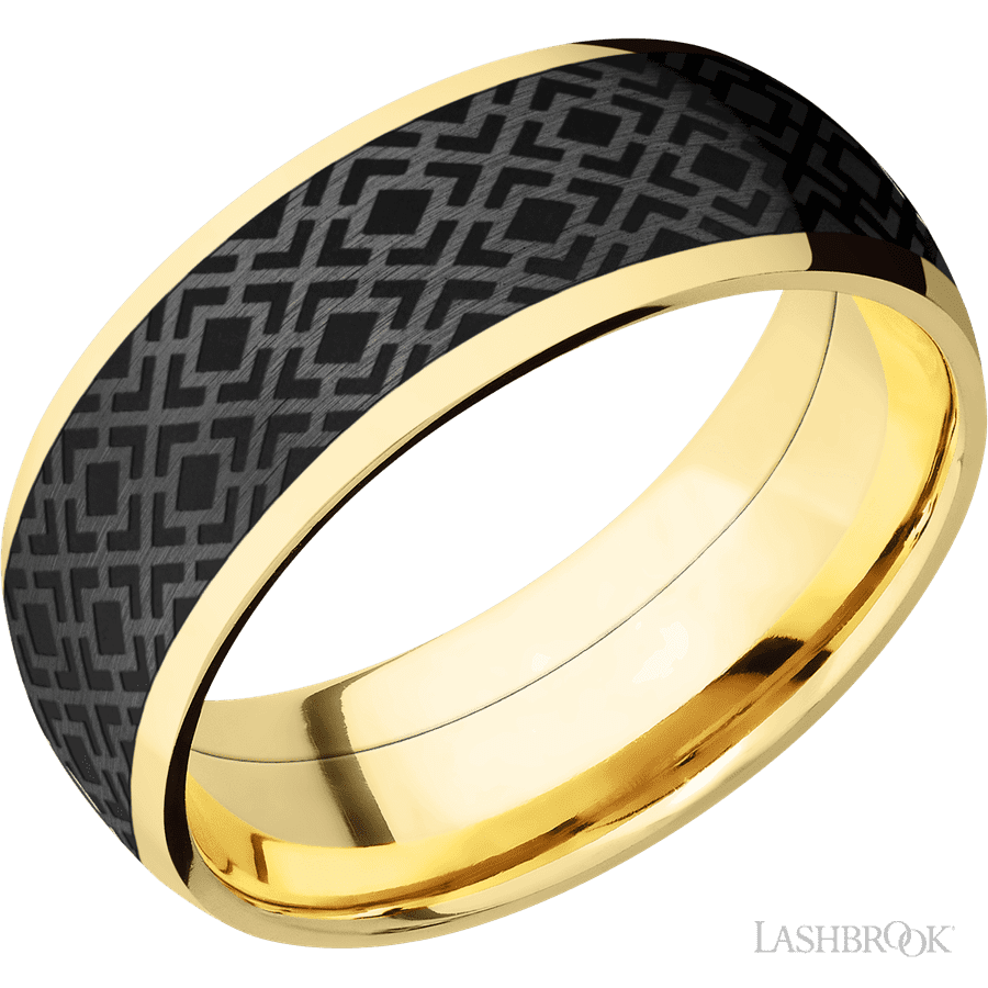 8 mm wide/Domed/14K Yellow Gold band with one 6 mm Centered inlay of Zirconium with a laser carved Trellis 2 pattern.