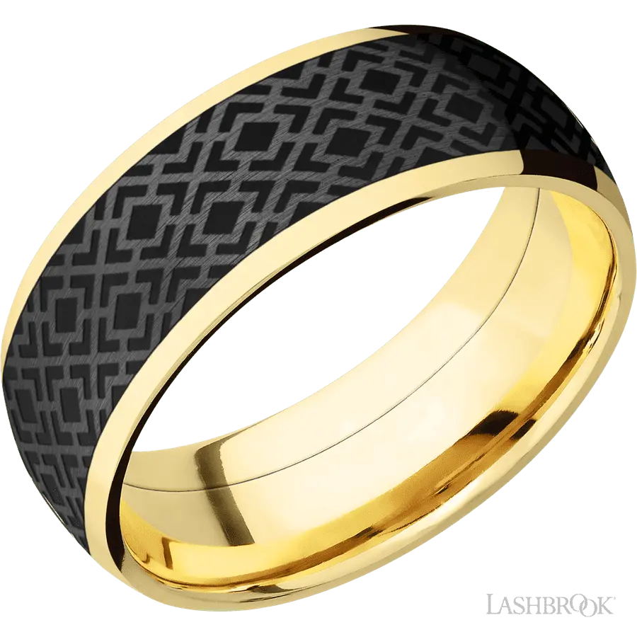 8 mm wide/Domed/14K Yellow Gold band with one 6 mm Centered inlay of Zirconium with a laser carved Trellis 2 pattern.