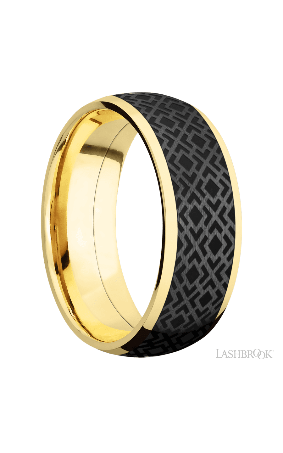 8 mm wide/Domed/14K Yellow Gold band with one 6 mm Centered inlay of Zirconium with a laser carved Trellis 2 pattern.