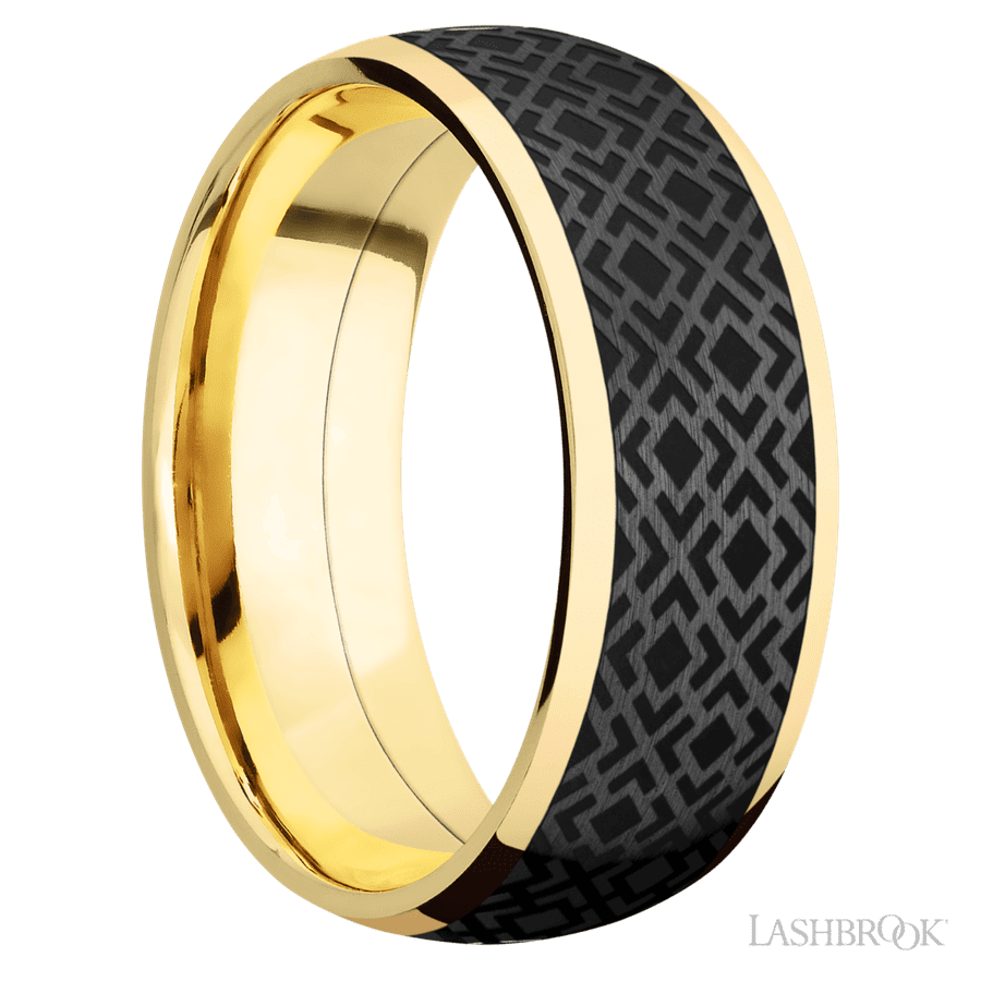 8 mm wide/Domed/14K Yellow Gold band with one 6 mm Centered inlay of Zirconium with a laser carved Trellis 2 pattern.