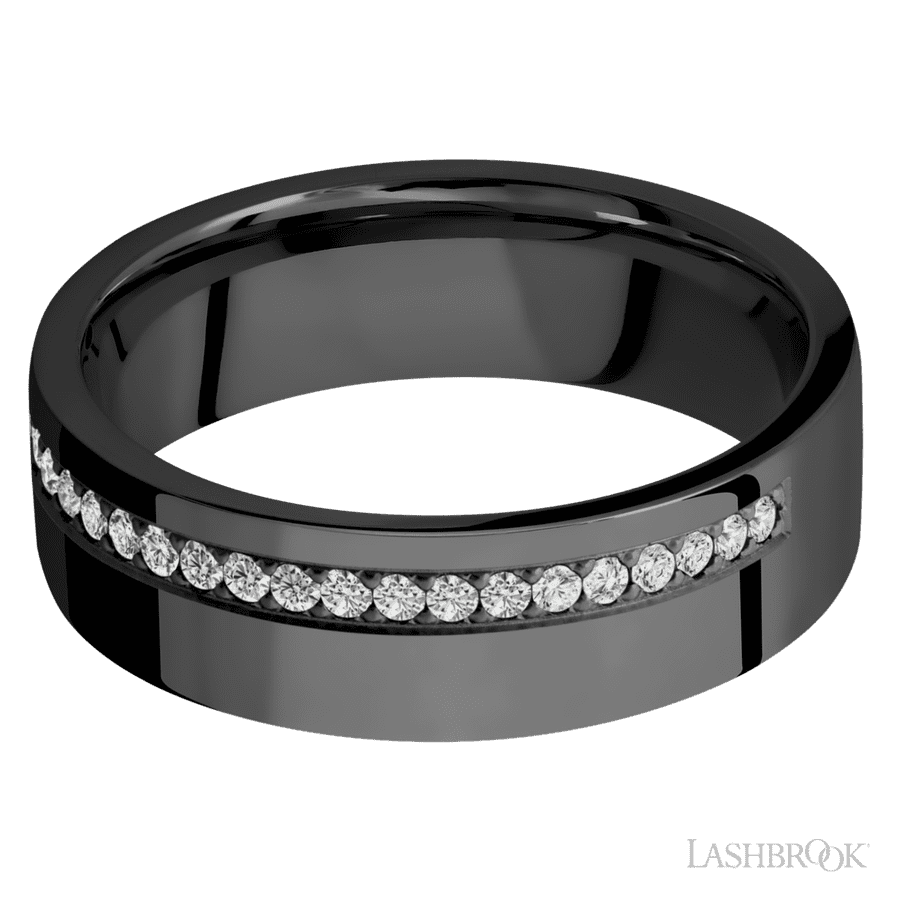 7 mm wide/Flat/Zirconium band with a Off Center Half Eternity arrangement of .015 carat Round Diamond stones in a Bead setting.
