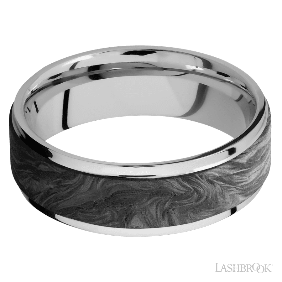7 mm wide/Flat Grooved Edges/Cobalt Chrome band with one 5 mm Raised Centered inlay of Forged Carbon Fiber.
