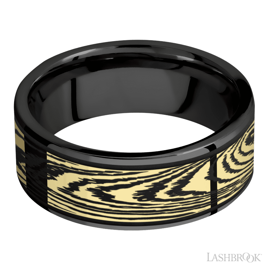 8 mm wide/Flat/Zirconium band with one 6 mm Centered inlay of 14K Yellow Gold with a laser carved Woodgrain pattern.