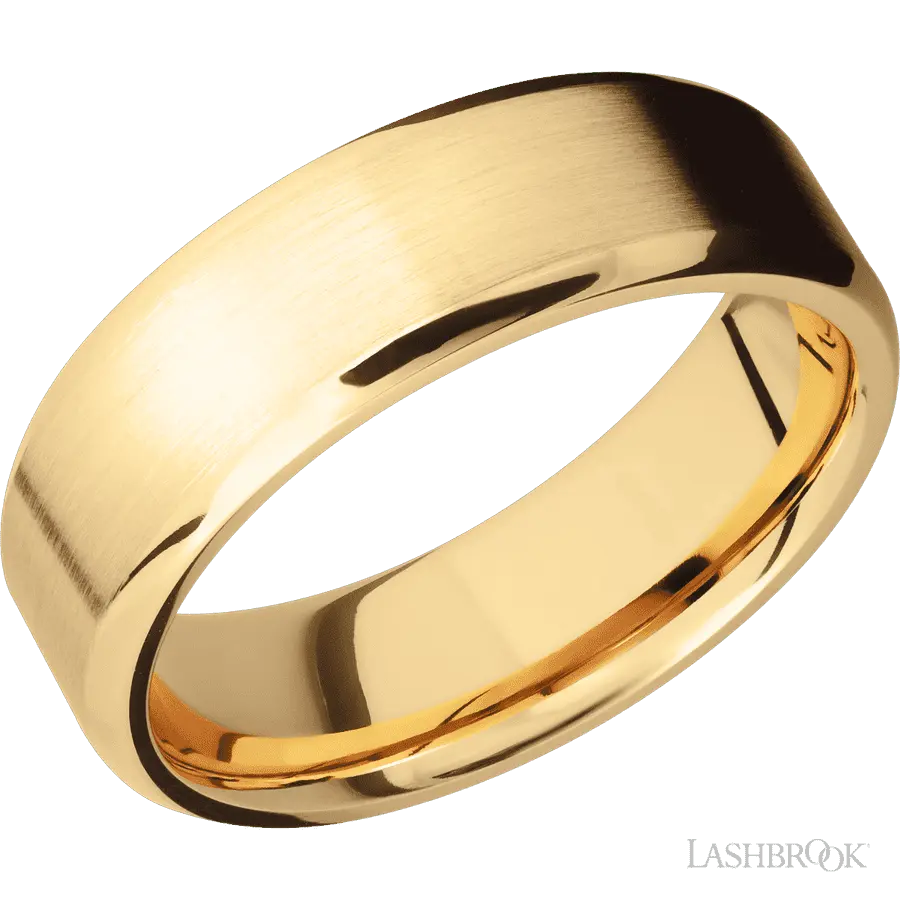 7 mm wide Beveled 10K Yellow Gold band. Lashbrook