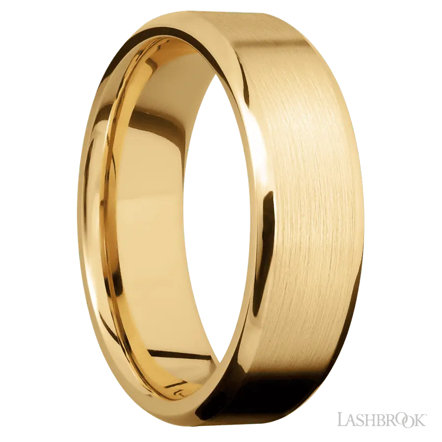 7 mm wide Beveled 10K Yellow Gold band.
