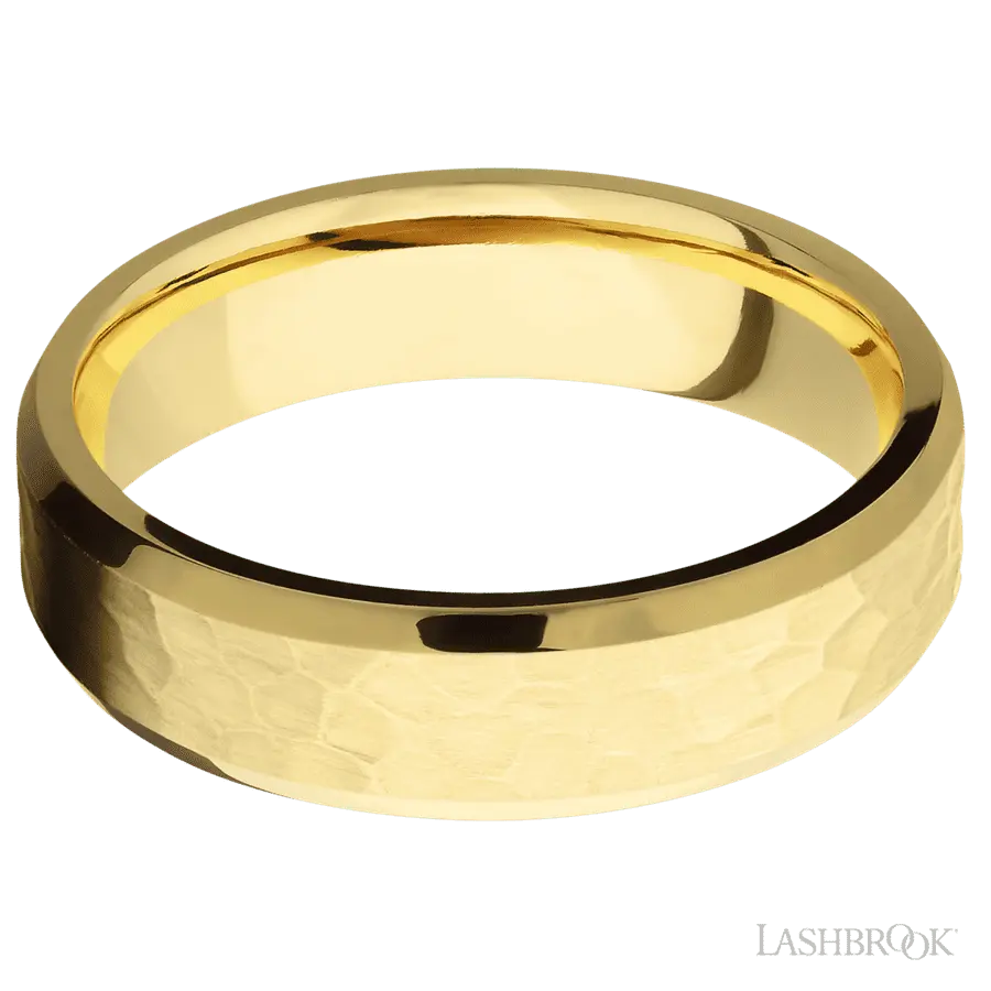 6 mm wide Beveled 14K Yellow Gold band. Lashbrook