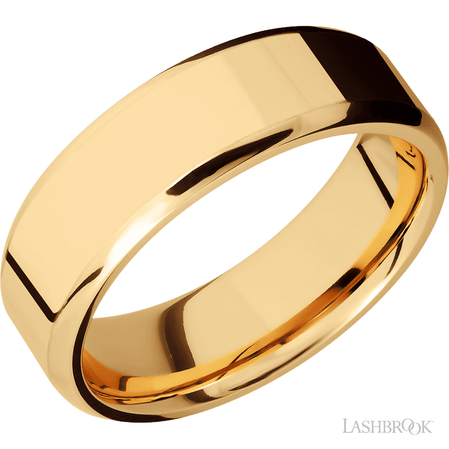 7 mm wide Beveled 14K Yellow Gold band.