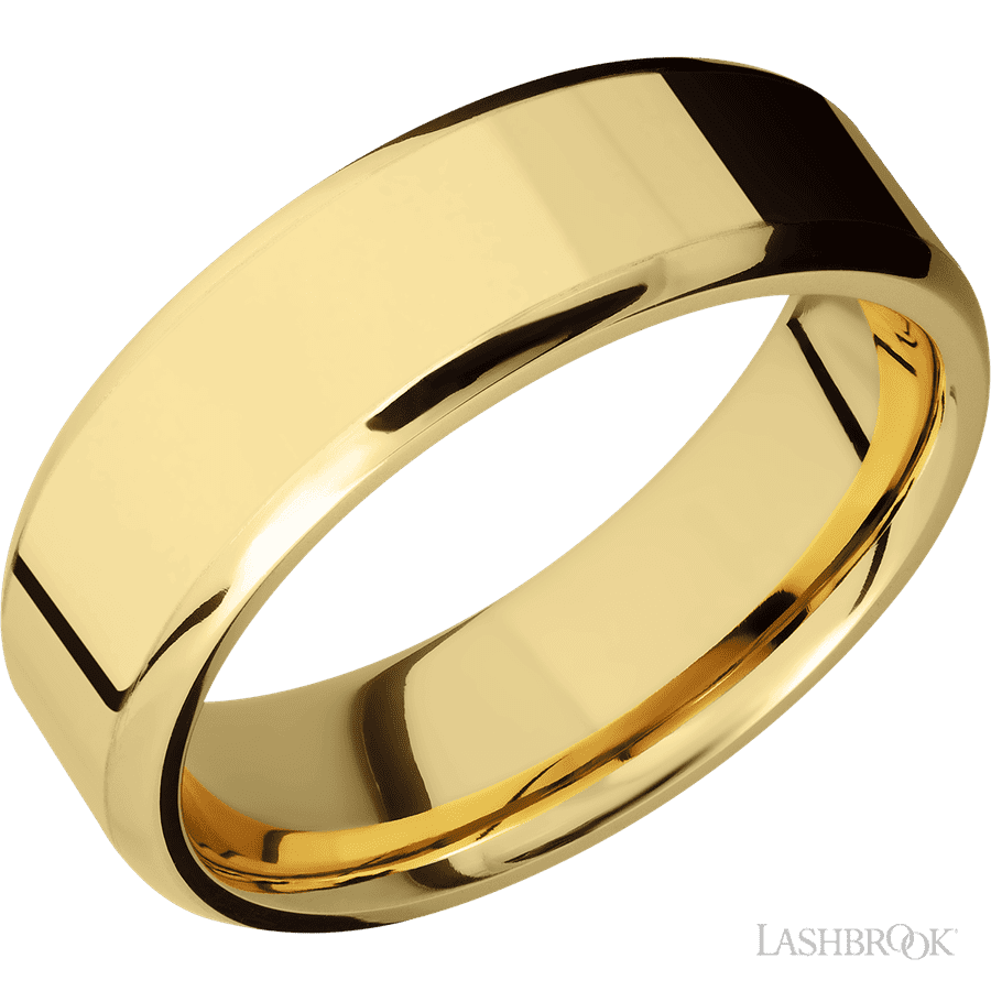 7 mm wide Beveled 14K Yellow Gold band.