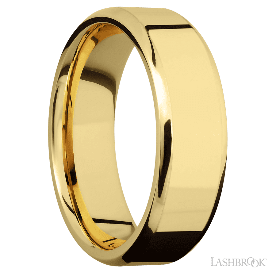 7 mm wide Beveled 14K Yellow Gold band.