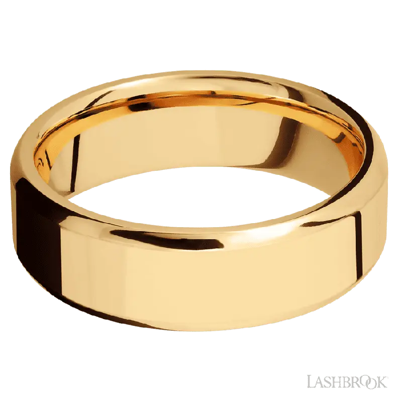 7 mm wide Beveled 14K Yellow Gold band.