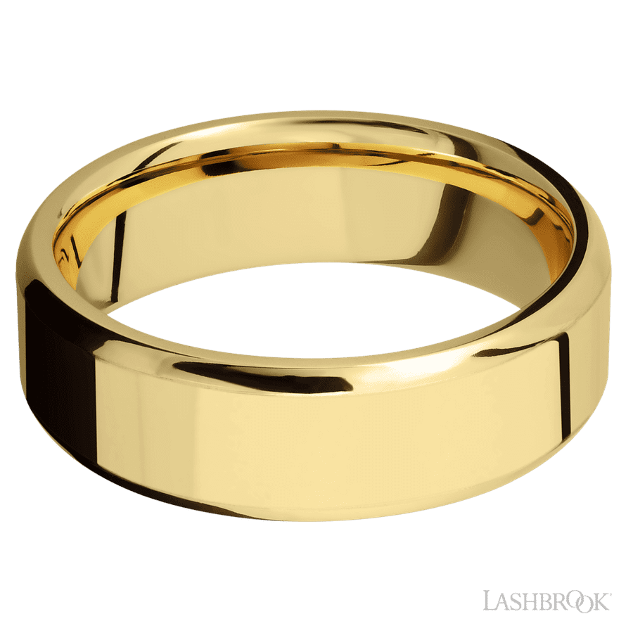 7 mm wide Beveled 14K Yellow Gold band.