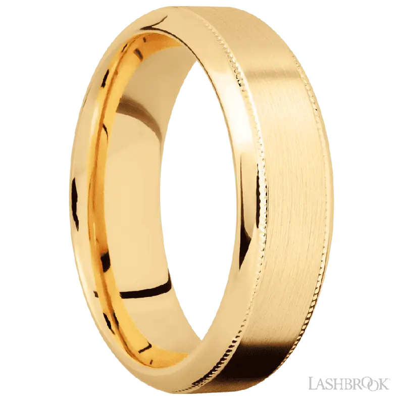 7 mm wide High Bevel Milgrain 14K Yellow Gold band.