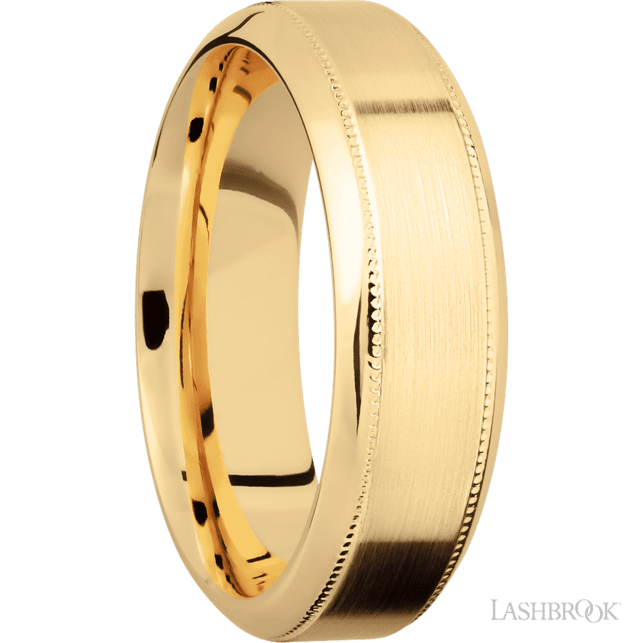 7 mm wide High Bevel Milgrain 14K Yellow Gold band.