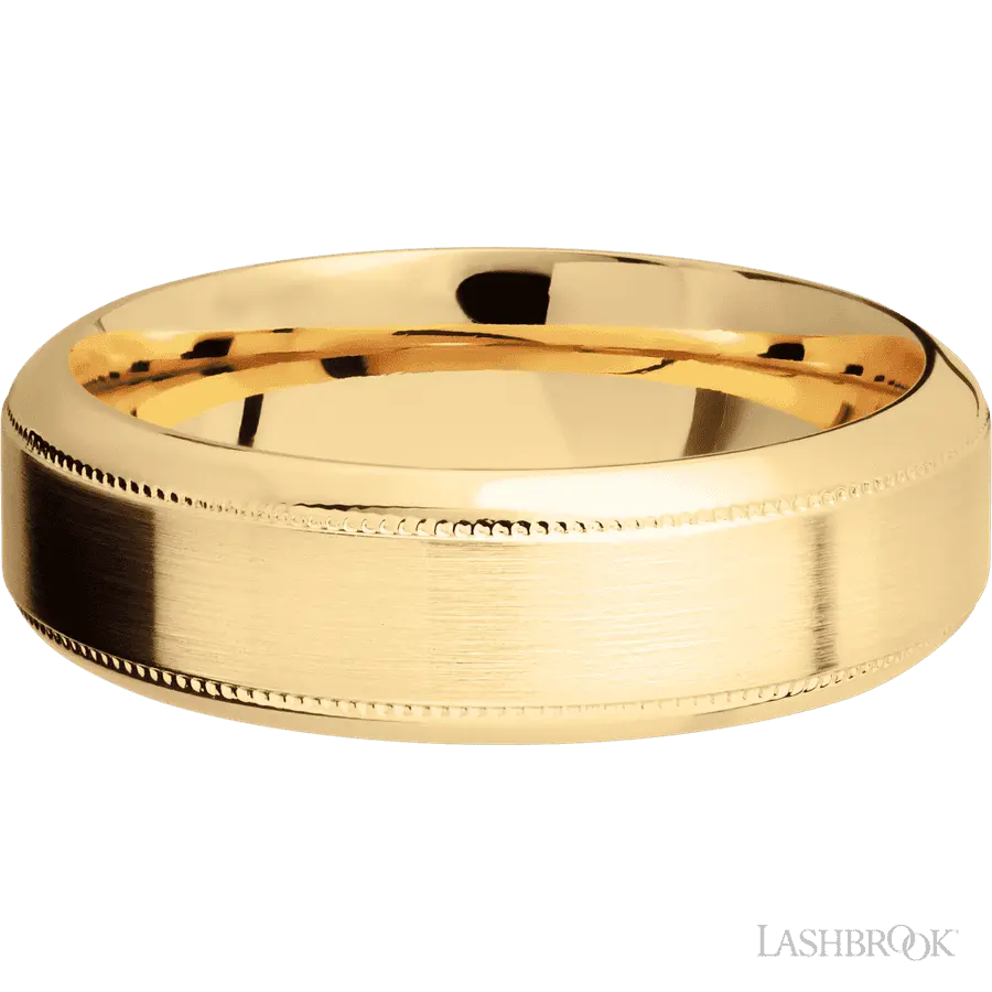 7 mm wide High Bevel Milgrain 14K Yellow Gold band. Lashbrook