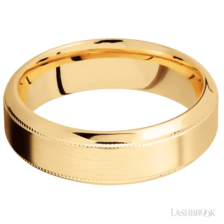 7 mm wide High Bevel Milgrain 14K Yellow Gold band.