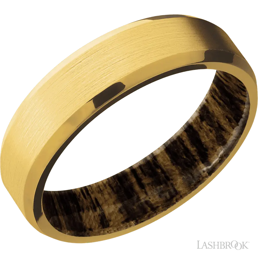 6 mm wide Beveled 18K Yellow Gold band featuring a Bocote sleeve.