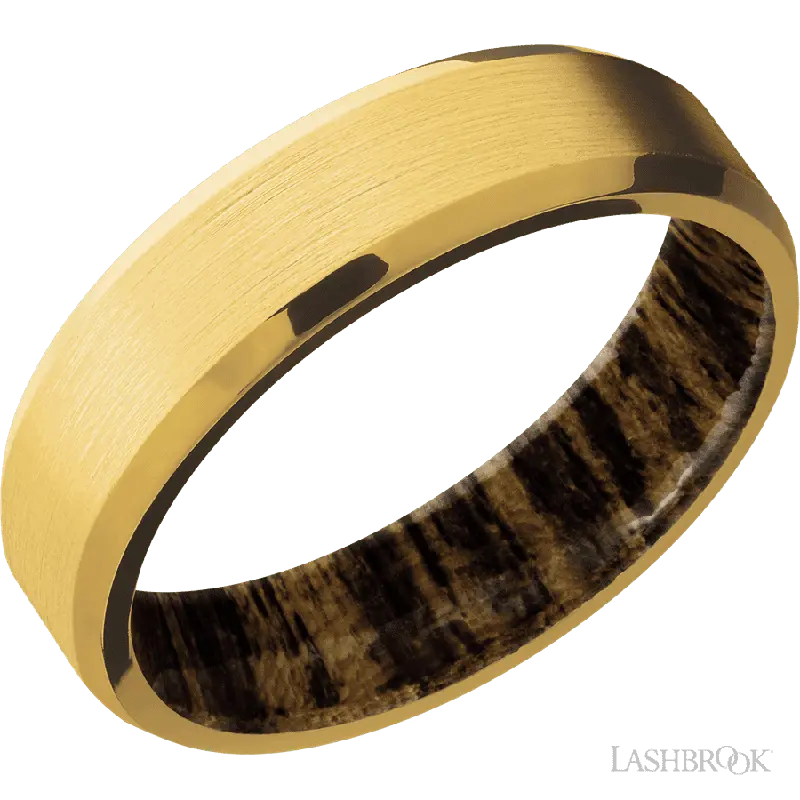 6 mm wide Beveled 18K Yellow Gold band featuring a Bocote sleeve.
