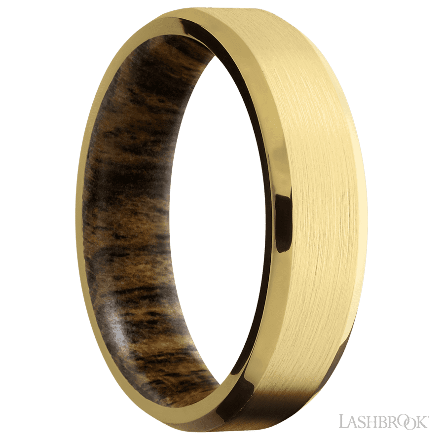 6 mm wide Beveled 18K Yellow Gold band featuring a Bocote sleeve.