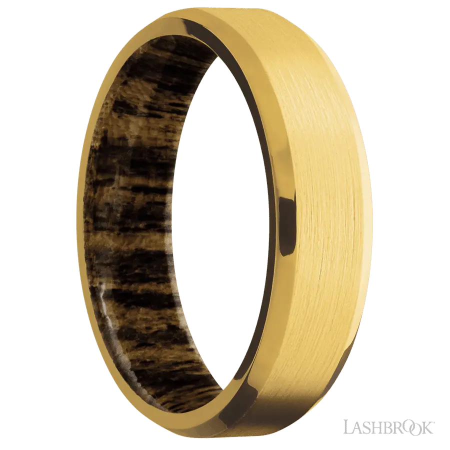 6 mm wide Beveled 18K Yellow Gold band featuring a Bocote sleeve.