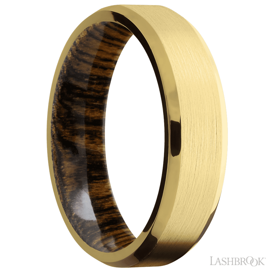 6 mm wide Beveled 18K Yellow Gold band featuring a Bocote sleeve.