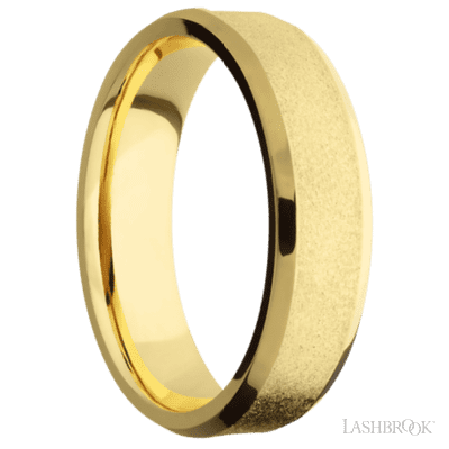 6 mm wide Beveled 18K Yellow Gold band featuring a Bocote sleeve.