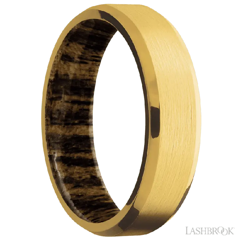 6 mm wide Beveled 18K Yellow Gold band featuring a Bocote sleeve.
