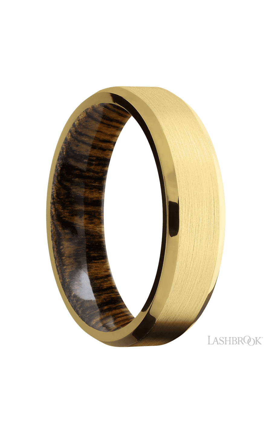 6 mm wide Beveled 18K Yellow Gold band featuring a Bocote sleeve.